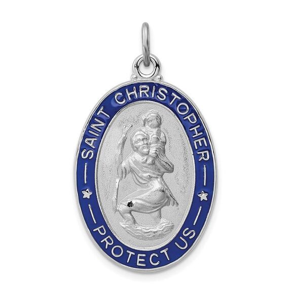 Sterling Silver Rhodium-Plated Enamel St. Christopher Pendant 19x35mm